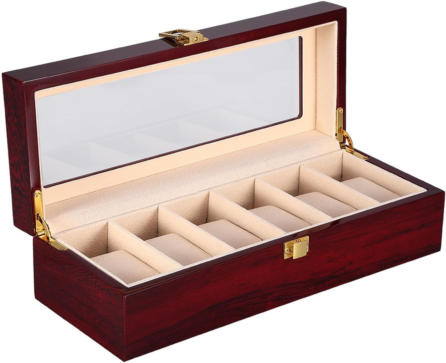 Boîte de rangement pour montres avec couvercle en verre , bois de cerisier