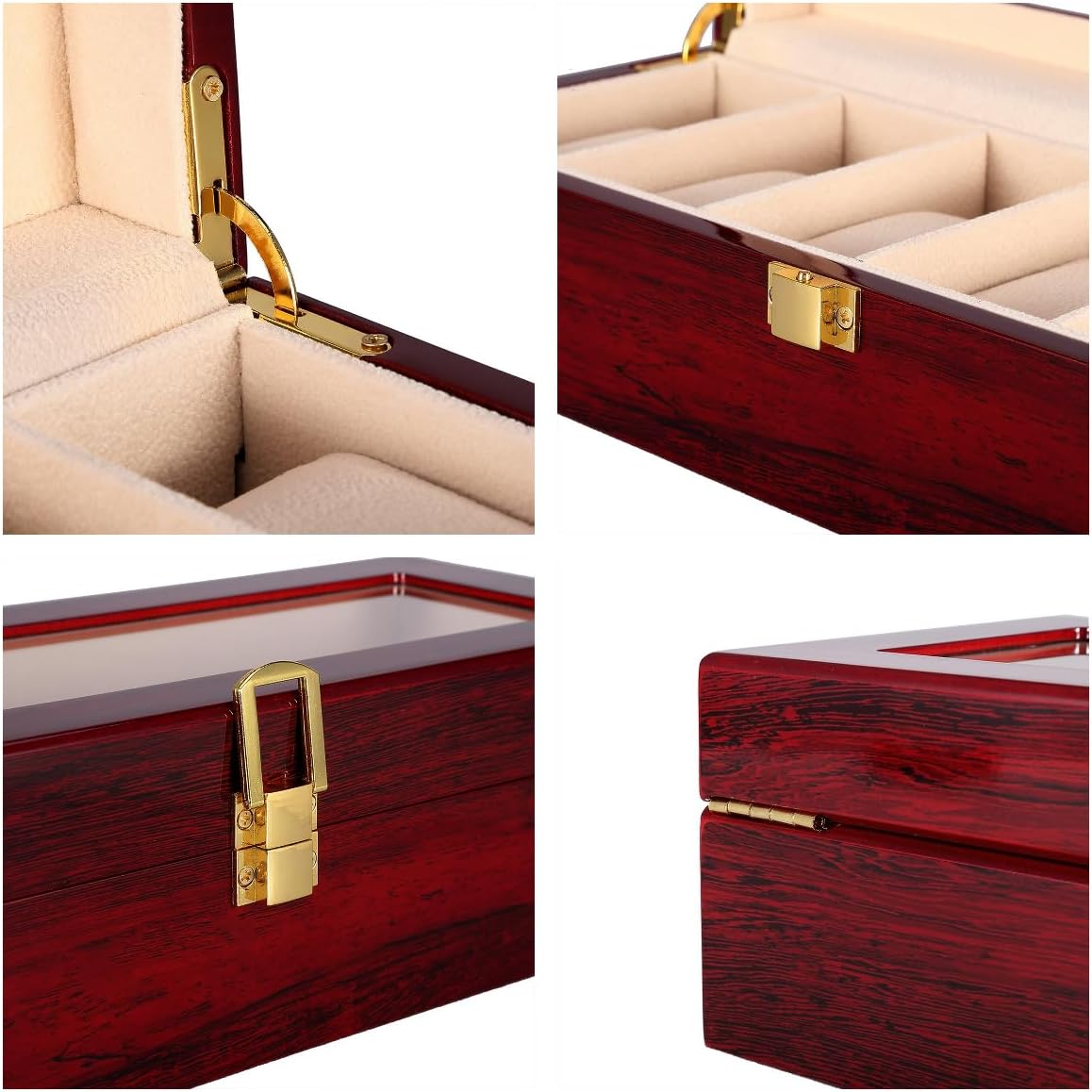 Boîte de rangement pour montres avec couvercle en verre , bois de cerisier